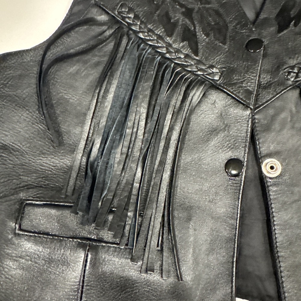 A-1 Leather Biker Vest Size M Fringe Harley Davidson Floral Front Eagle Back - Picture 4 of 8